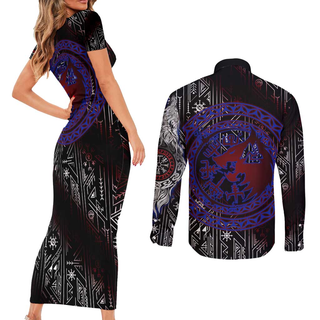 Fenrir Wolf Viking Couples Matching Short Sleeve Bodycon Dress and Long Sleeve Button Shirt with Vegvisir Runes and Red Circle Norse Legend Tribute - Wonder Print Shop