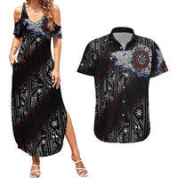 Fenrir Wolf Viking Couples Matching Summer Maxi Dress and Hawaiian Shirt with Vegvisir Runes and Red Circle Norse Legend Tribute - Wonder Print Shop