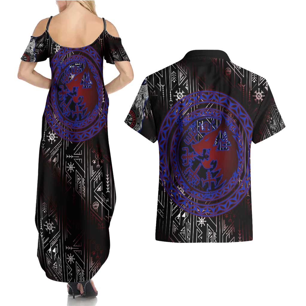 Fenrir Wolf Viking Couples Matching Summer Maxi Dress and Hawaiian Shirt with Vegvisir Runes and Red Circle Norse Legend Tribute - Wonder Print Shop