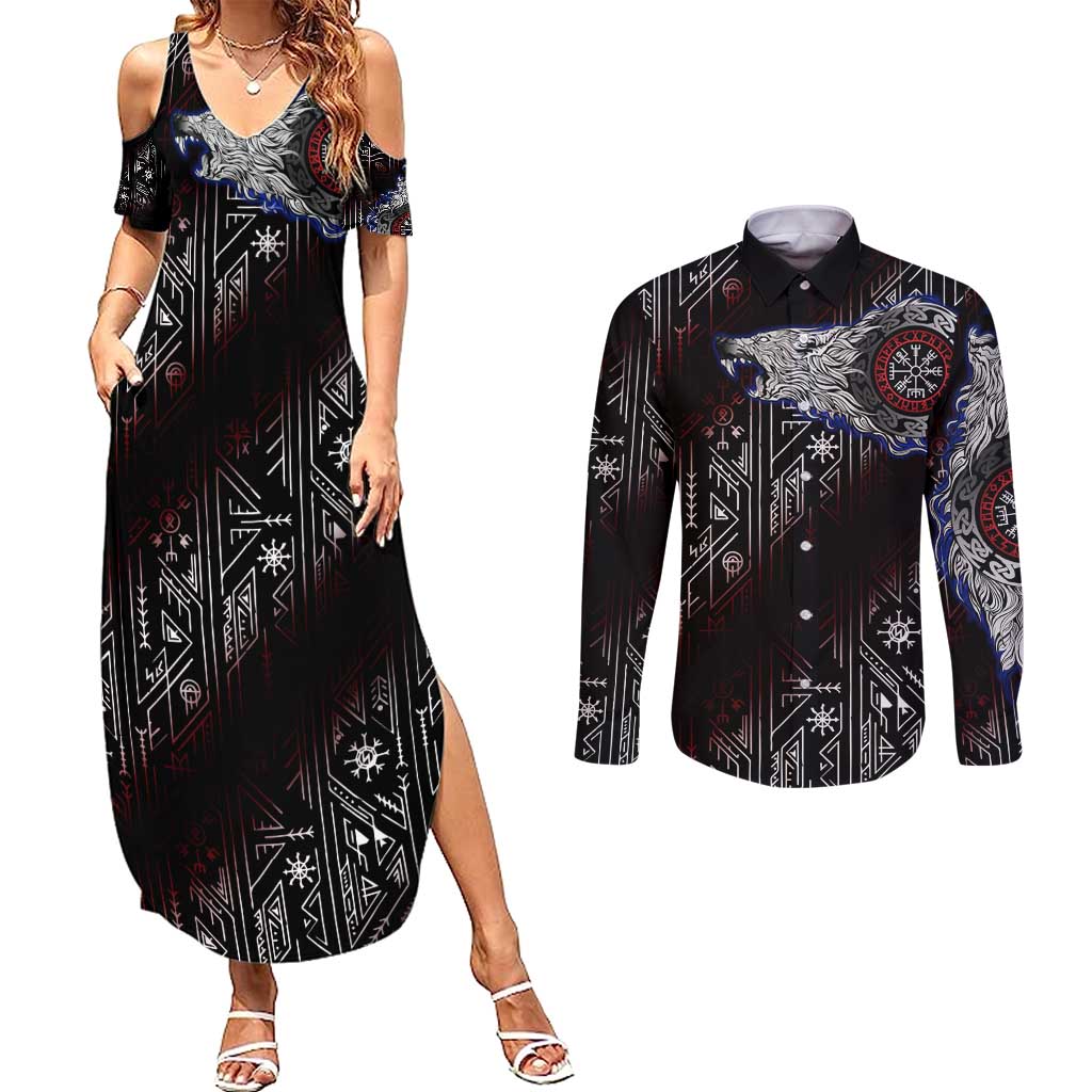 Fenrir Wolf Viking Couples Matching Summer Maxi Dress and Long Sleeve Button Shirt with Vegvisir Runes and Red Circle Norse Legend Tribute - Wonder Print Shop
