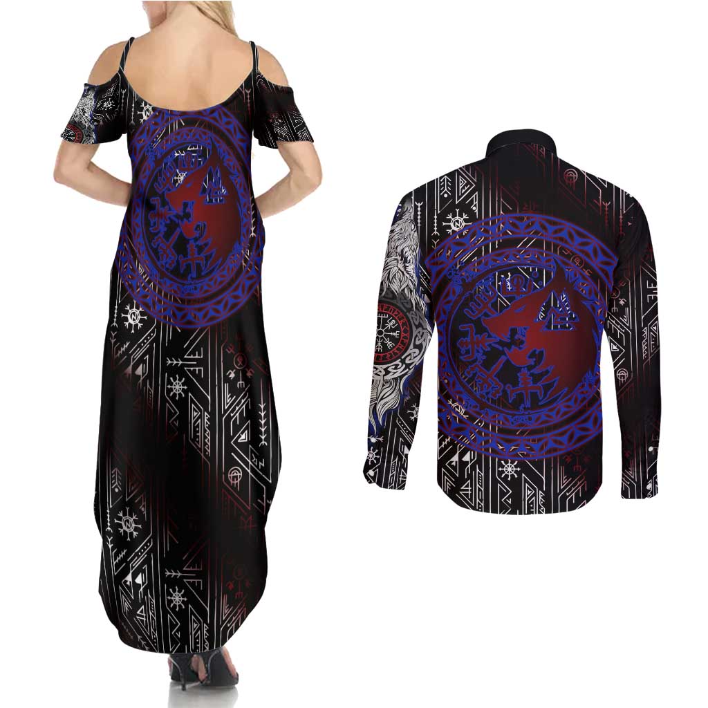 Fenrir Wolf Viking Couples Matching Summer Maxi Dress and Long Sleeve Button Shirt with Vegvisir Runes and Red Circle Norse Legend Tribute - Wonder Print Shop