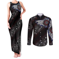 Fenrir Wolf Viking Couples Matching Tank Maxi Dress and Long Sleeve Button Shirt with Vegvisir Runes and Red Circle Norse Legend Tribute - Wonder Print Shop