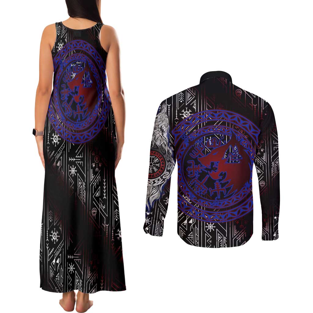 Fenrir Wolf Viking Couples Matching Tank Maxi Dress and Long Sleeve Button Shirt with Vegvisir Runes and Red Circle Norse Legend Tribute - Wonder Print Shop
