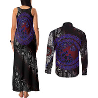Fenrir Wolf Viking Couples Matching Tank Maxi Dress and Long Sleeve Button Shirt with Vegvisir Runes and Red Circle Norse Legend Tribute - Wonder Print Shop