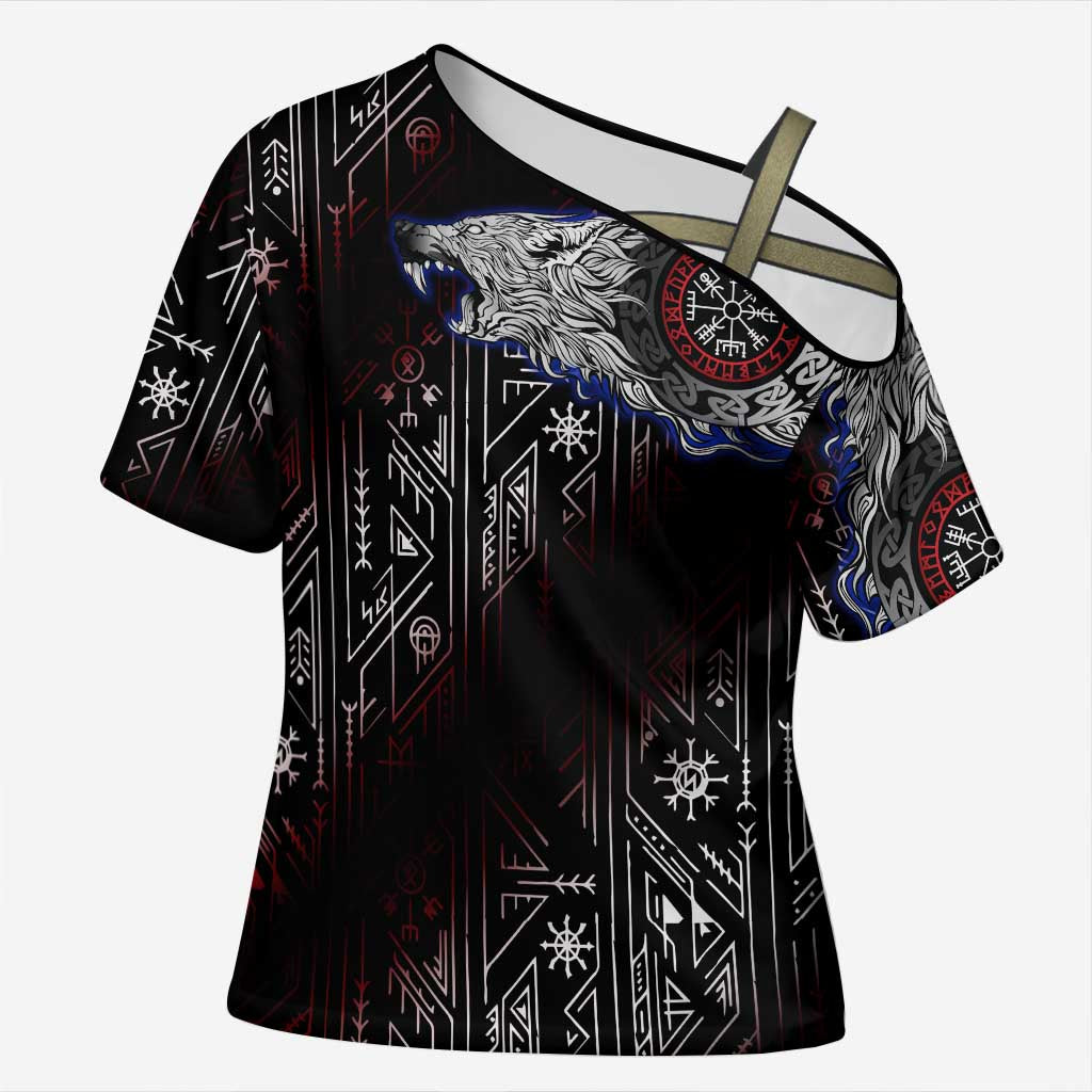 Fenrir Wolf Viking Cross Shoulder Shirt with Vegvisir Runes and Red Circle Norse Legend Tribute - Wonder Print Shop