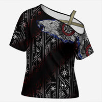Fenrir Wolf Viking Cross Shoulder Shirt with Vegvisir Runes and Red Circle Norse Legend Tribute - Wonder Print Shop