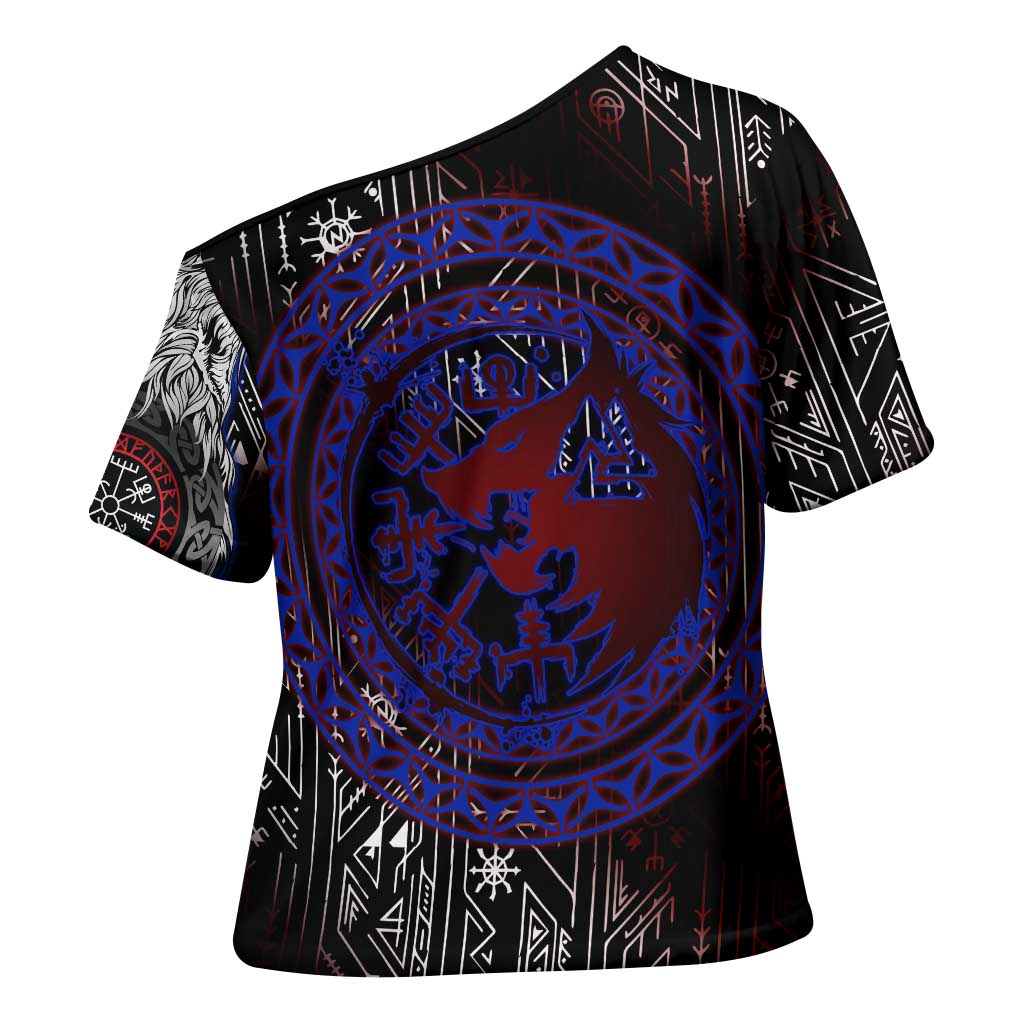 Fenrir Wolf Viking Cross Shoulder Shirt with Vegvisir Runes and Red Circle Norse Legend Tribute - Wonder Print Shop