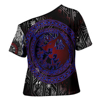 Fenrir Wolf Viking Cross Shoulder Shirt with Vegvisir Runes and Red Circle Norse Legend Tribute - Wonder Print Shop