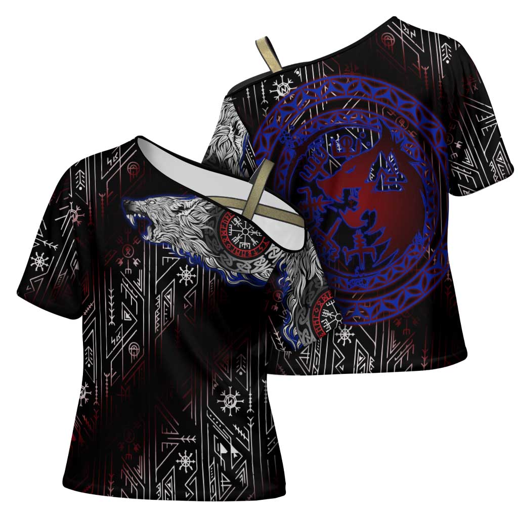 Fenrir Wolf Viking Cross Shoulder Shirt with Vegvisir Runes and Red Circle Norse Legend Tribute - Wonder Print Shop