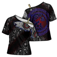 Fenrir Wolf Viking Cross Shoulder Shirt with Vegvisir Runes and Red Circle Norse Legend Tribute - Wonder Print Shop