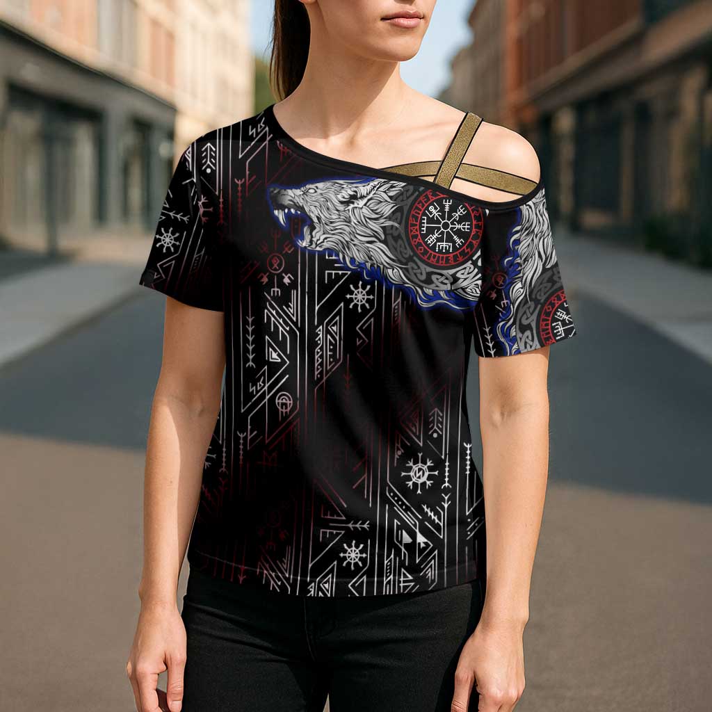 Fenrir Wolf Viking Cross Shoulder Shirt with Vegvisir Runes and Red Circle Norse Legend Tribute - Wonder Print Shop