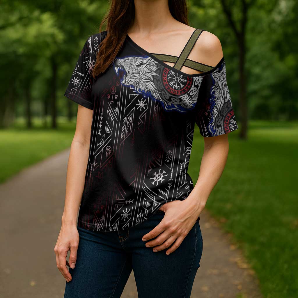 Fenrir Wolf Viking Cross Shoulder Shirt with Vegvisir Runes and Red Circle Norse Legend Tribute - Wonder Print Shop