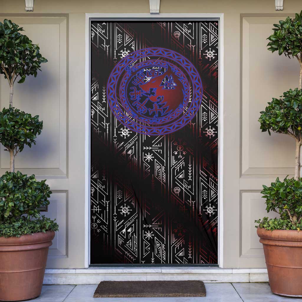 Fenrir Wolf Viking Door Cover with Vegvisir Runes and Red Circle Norse Legend Tribute - Wonder Print Shop