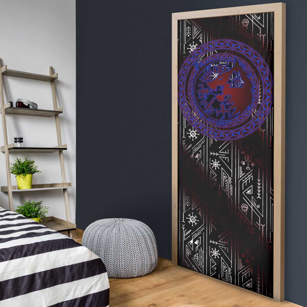 Fenrir Wolf Viking Door Cover with Vegvisir Runes and Red Circle Norse Legend Tribute - Wonder Print Shop