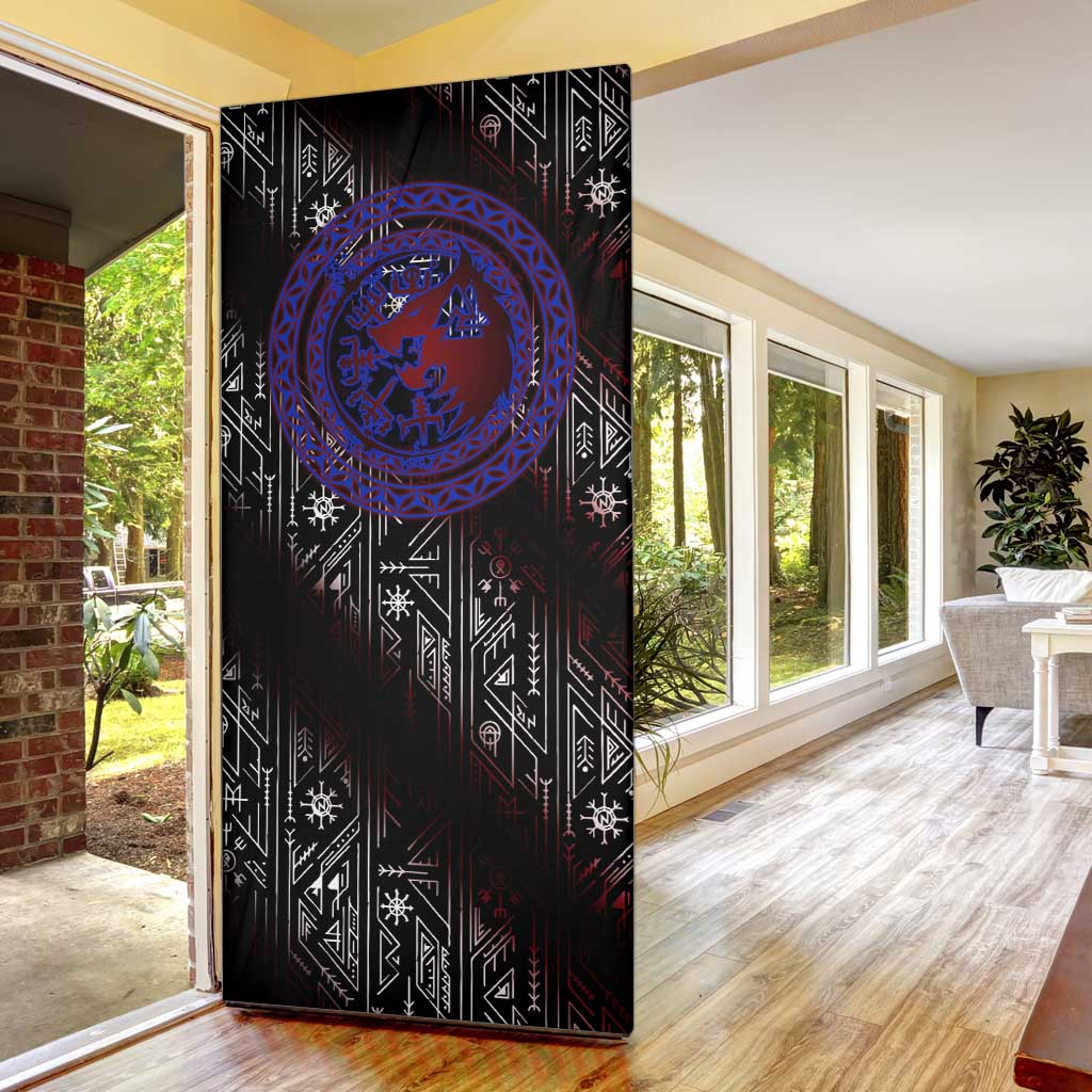 Fenrir Wolf Viking Door Cover with Vegvisir Runes and Red Circle Norse Legend Tribute - Wonder Print Shop