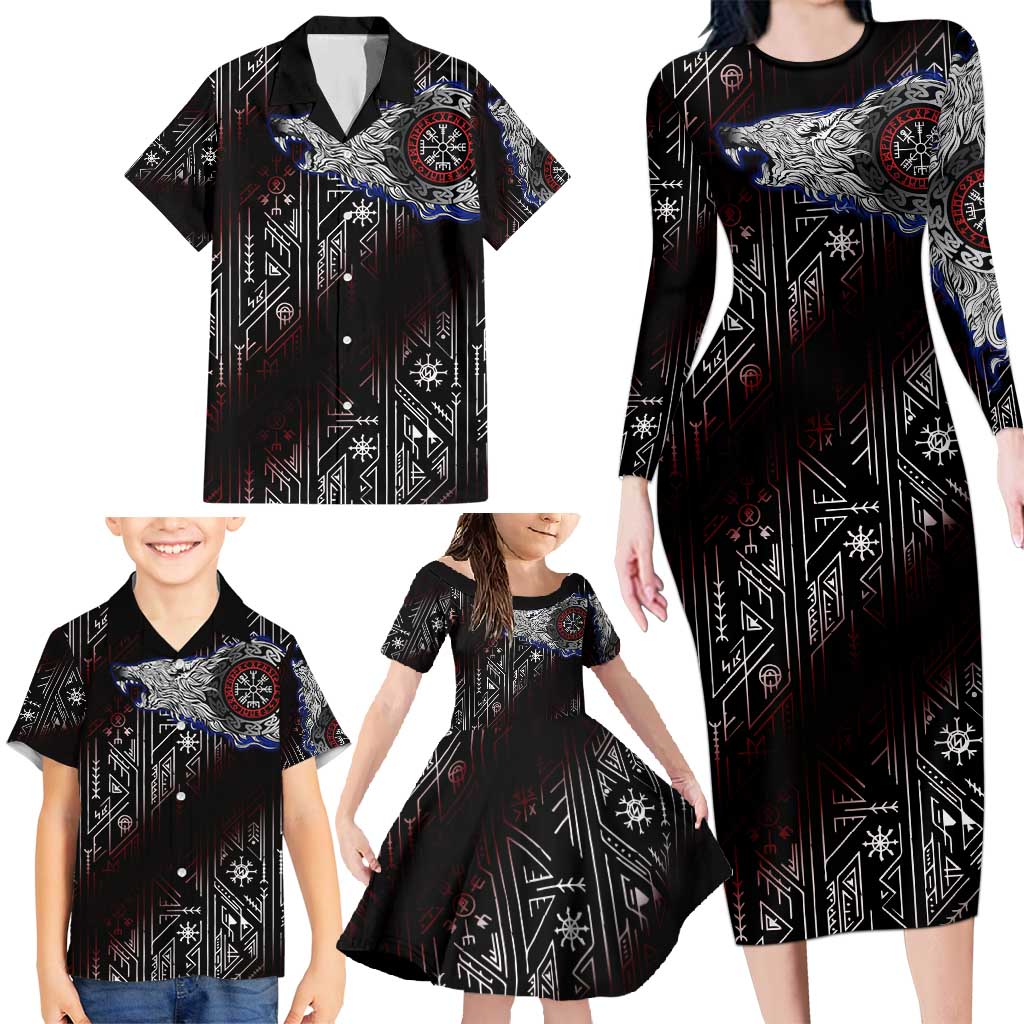 Fenrir Wolf Viking Family Matching Long Sleeve Bodycon Dress and Hawaiian Shirt with Vegvisir Runes and Red Circle Norse Legend Tribute - Wonder Print Shop