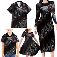 Fenrir Wolf Viking Family Matching Long Sleeve Bodycon Dress and Hawaiian Shirt with Vegvisir Runes and Red Circle Norse Legend Tribute - Wonder Print Shop