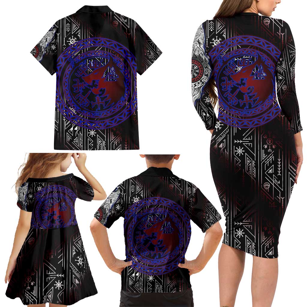 Fenrir Wolf Viking Family Matching Long Sleeve Bodycon Dress and Hawaiian Shirt with Vegvisir Runes and Red Circle Norse Legend Tribute - Wonder Print Shop