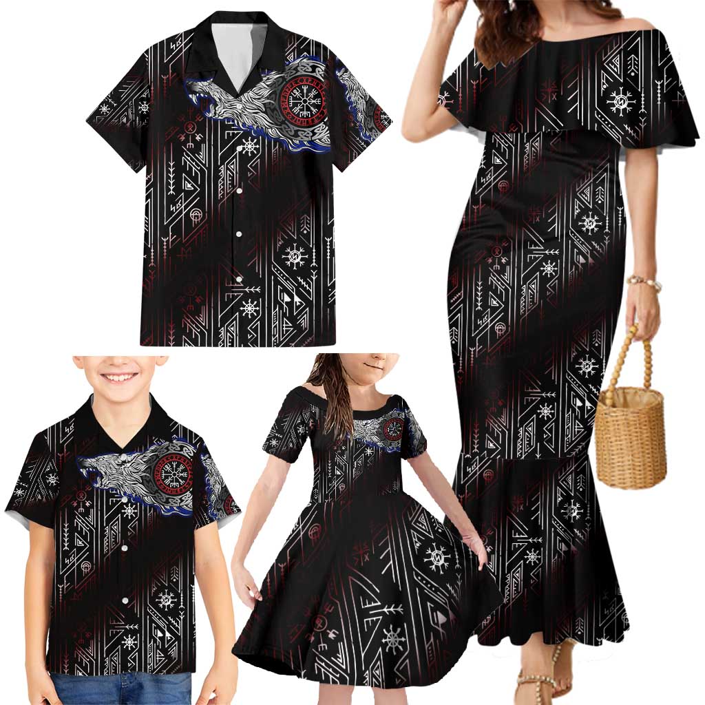 Fenrir Wolf Viking Family Matching Mermaid Dress and Hawaiian Shirt with Vegvisir Runes and Red Circle Norse Legend Tribute - Wonder Print Shop