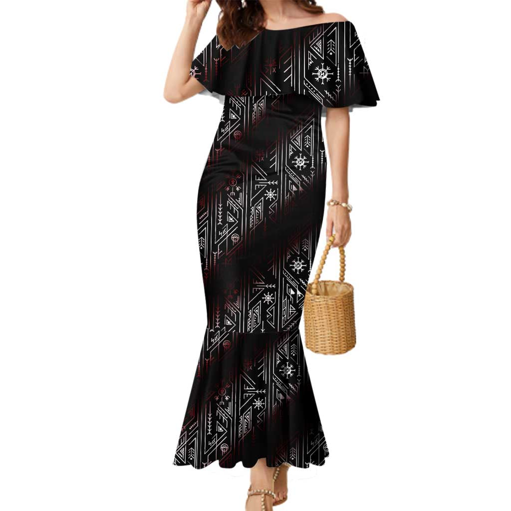 Fenrir Wolf Viking Family Matching Mermaid Dress and Hawaiian Shirt with Vegvisir Runes and Red Circle Norse Legend Tribute - Wonder Print Shop