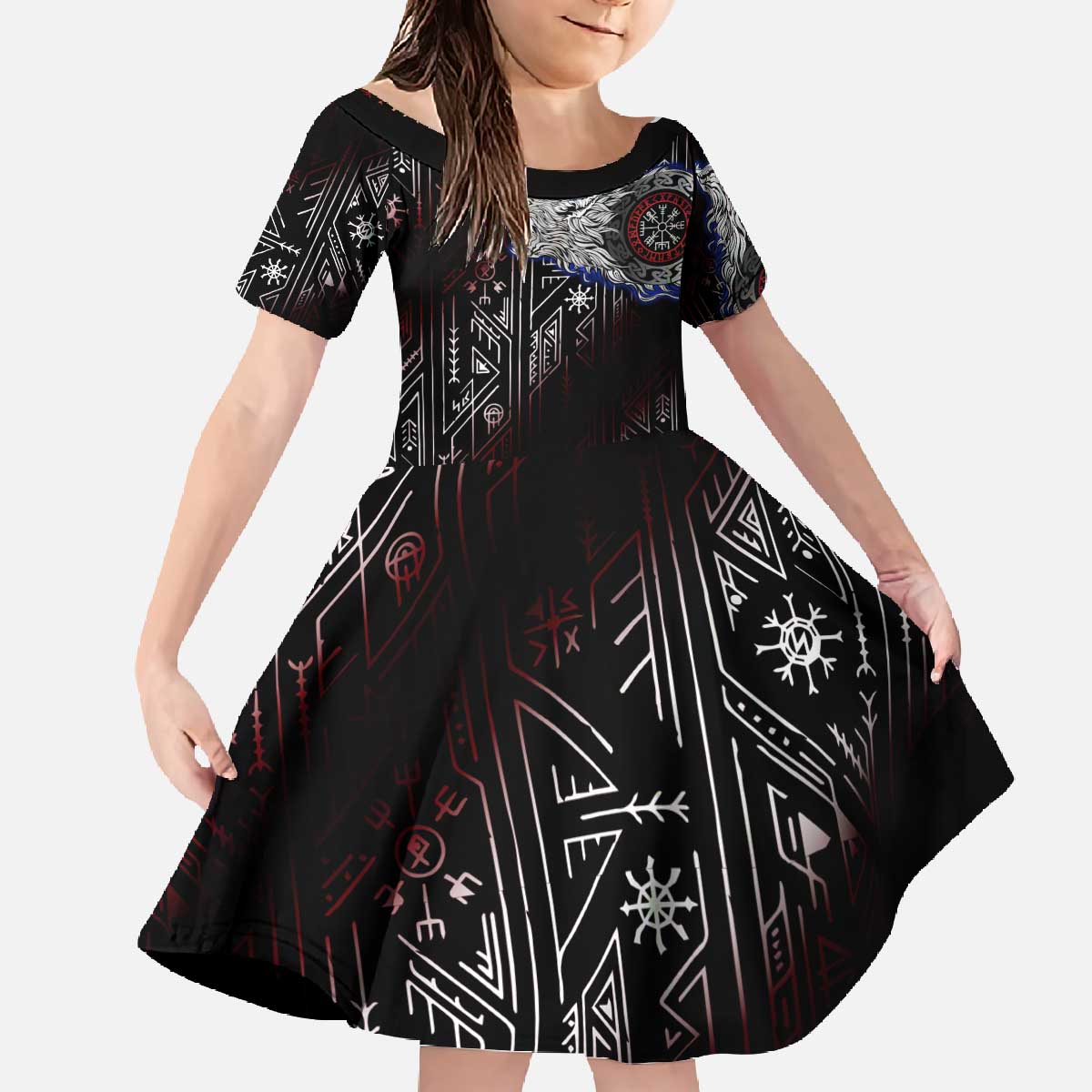 Fenrir Wolf Viking Family Matching Off The Shoulder Long Sleeve Dress and Hawaiian Shirt with Vegvisir Runes and Red Circle Norse Legend Tribute - Wonder Print Shop