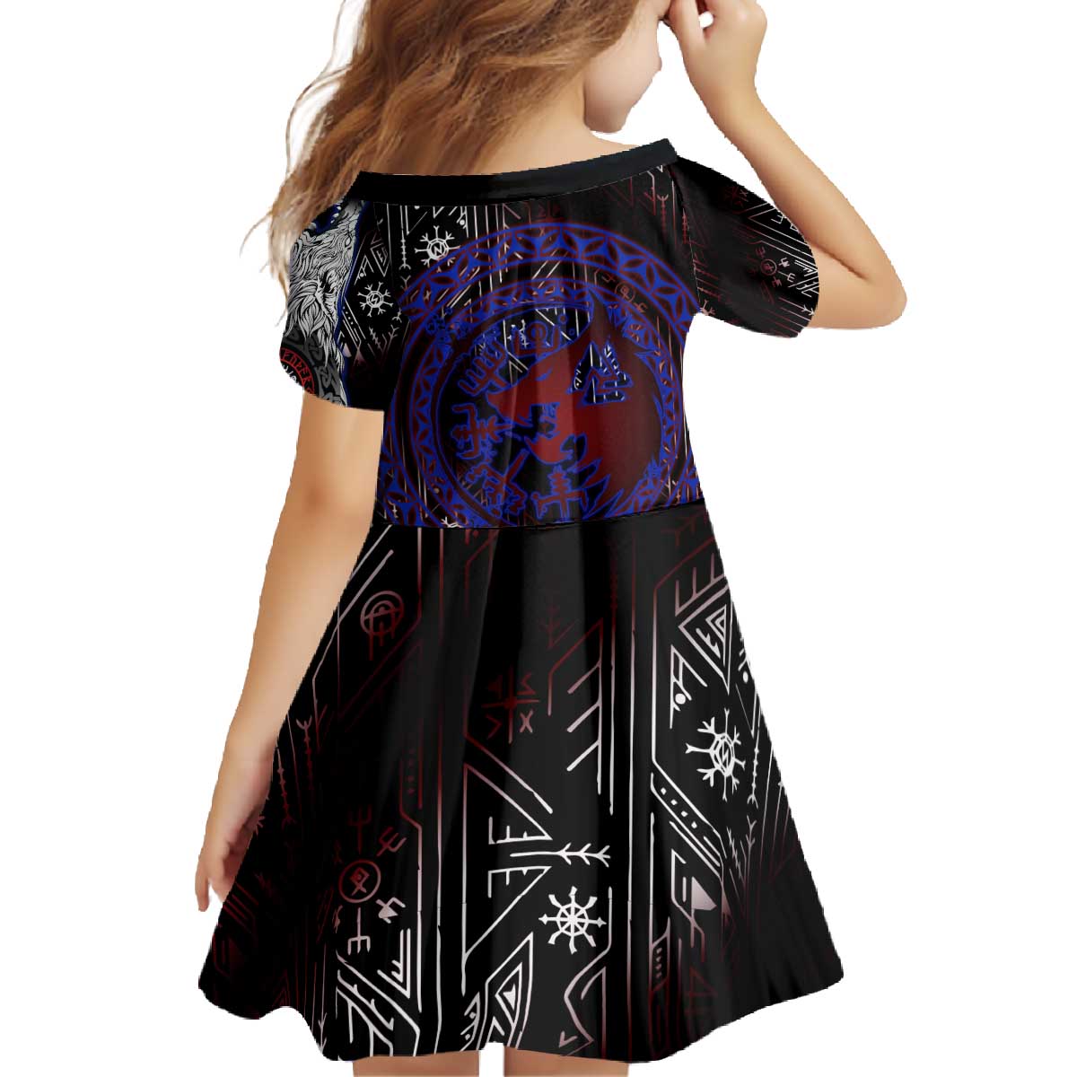 Fenrir Wolf Viking Family Matching Off The Shoulder Long Sleeve Dress and Hawaiian Shirt with Vegvisir Runes and Red Circle Norse Legend Tribute - Wonder Print Shop