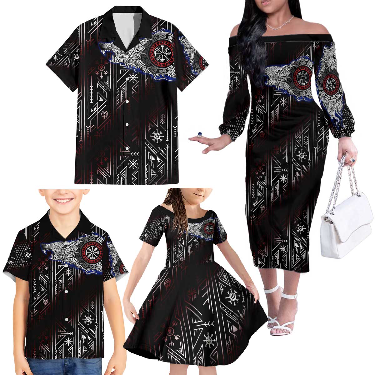 Fenrir Wolf Viking Family Matching Off The Shoulder Long Sleeve Dress and Hawaiian Shirt with Vegvisir Runes and Red Circle Norse Legend Tribute - Wonder Print Shop