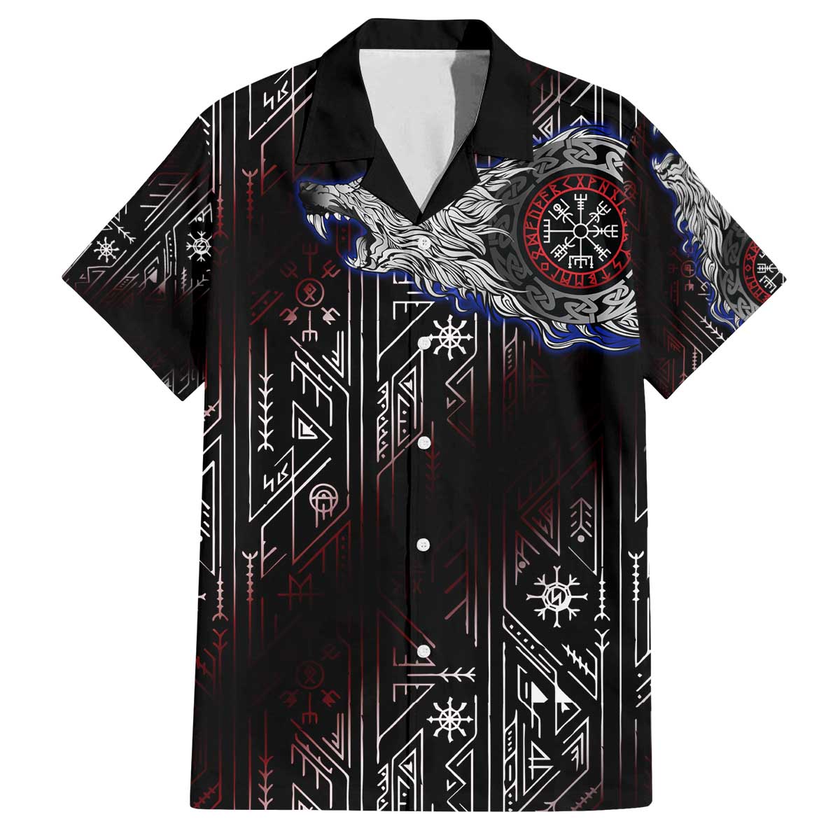 Fenrir Wolf Viking Family Matching Off The Shoulder Long Sleeve Dress and Hawaiian Shirt with Vegvisir Runes and Red Circle Norse Legend Tribute - Wonder Print Shop