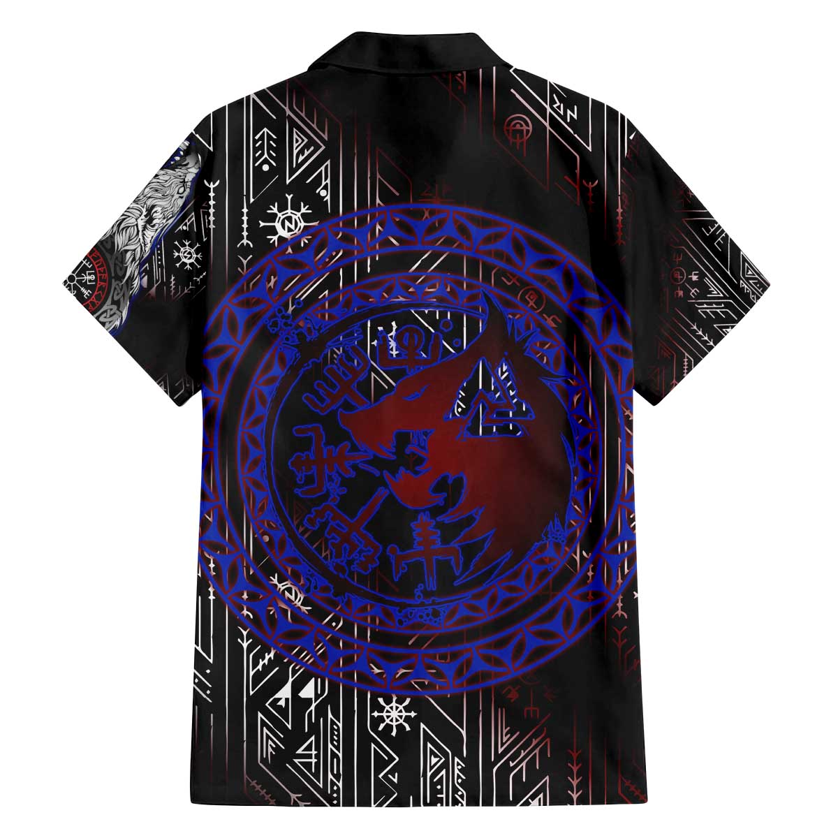 Fenrir Wolf Viking Family Matching Off The Shoulder Long Sleeve Dress and Hawaiian Shirt with Vegvisir Runes and Red Circle Norse Legend Tribute - Wonder Print Shop