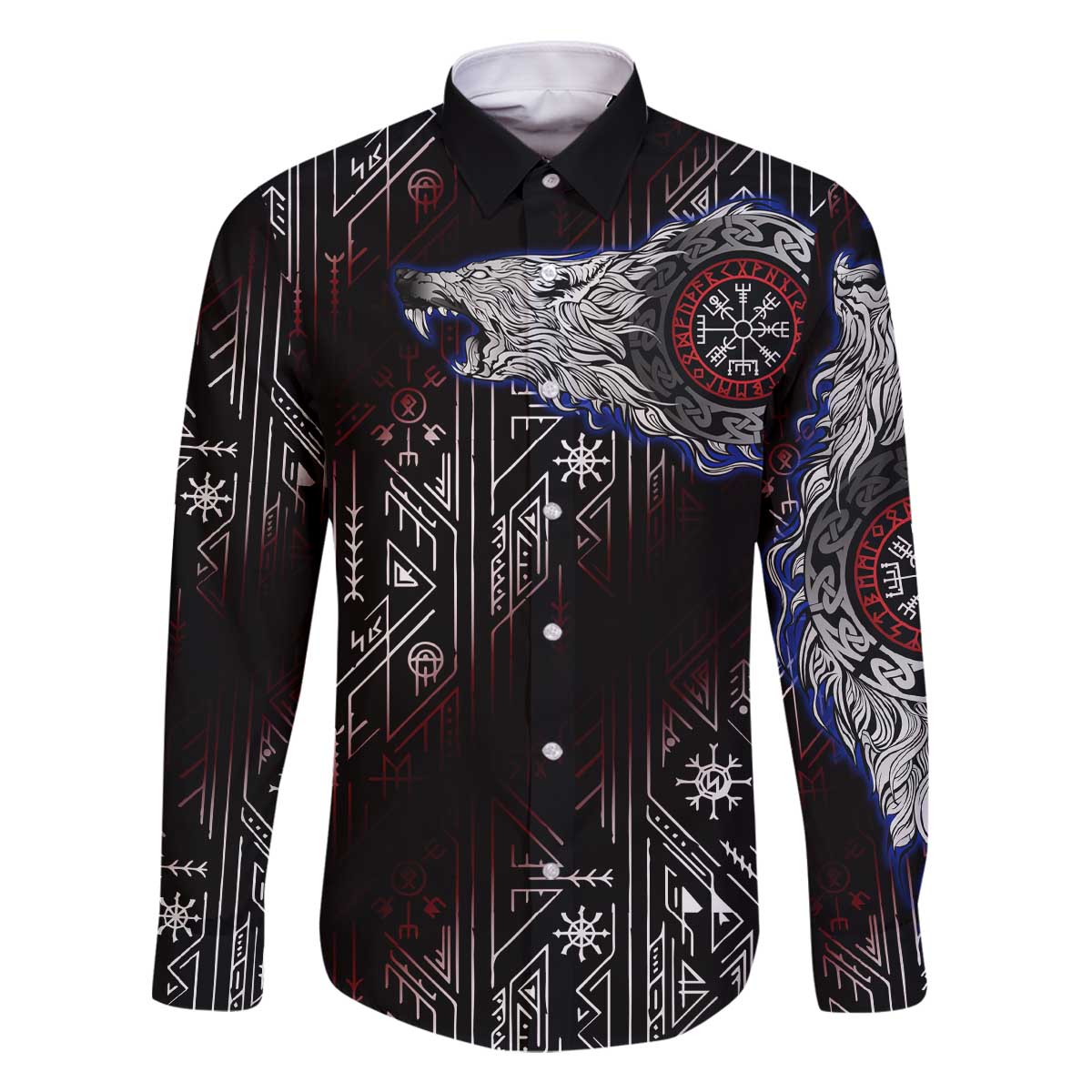 Fenrir Wolf Viking Family Matching Off The Shoulder Long Sleeve Dress and Hawaiian Shirt with Vegvisir Runes and Red Circle Norse Legend Tribute - Wonder Print Shop