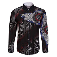 Fenrir Wolf Viking Family Matching Off The Shoulder Long Sleeve Dress and Hawaiian Shirt with Vegvisir Runes and Red Circle Norse Legend Tribute - Wonder Print Shop