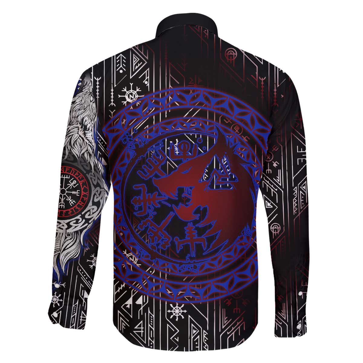 Fenrir Wolf Viking Family Matching Off The Shoulder Long Sleeve Dress and Hawaiian Shirt with Vegvisir Runes and Red Circle Norse Legend Tribute - Wonder Print Shop