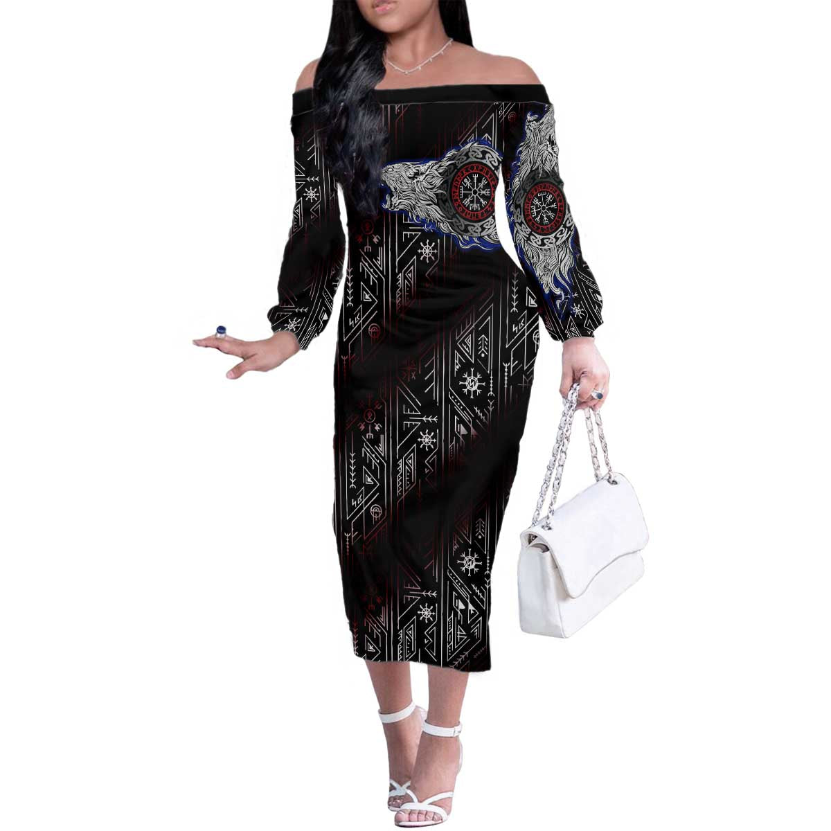 Fenrir Wolf Viking Family Matching Off The Shoulder Long Sleeve Dress and Hawaiian Shirt with Vegvisir Runes and Red Circle Norse Legend Tribute - Wonder Print Shop