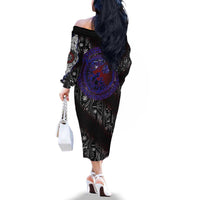 Fenrir Wolf Viking Family Matching Off The Shoulder Long Sleeve Dress and Hawaiian Shirt with Vegvisir Runes and Red Circle Norse Legend Tribute - Wonder Print Shop