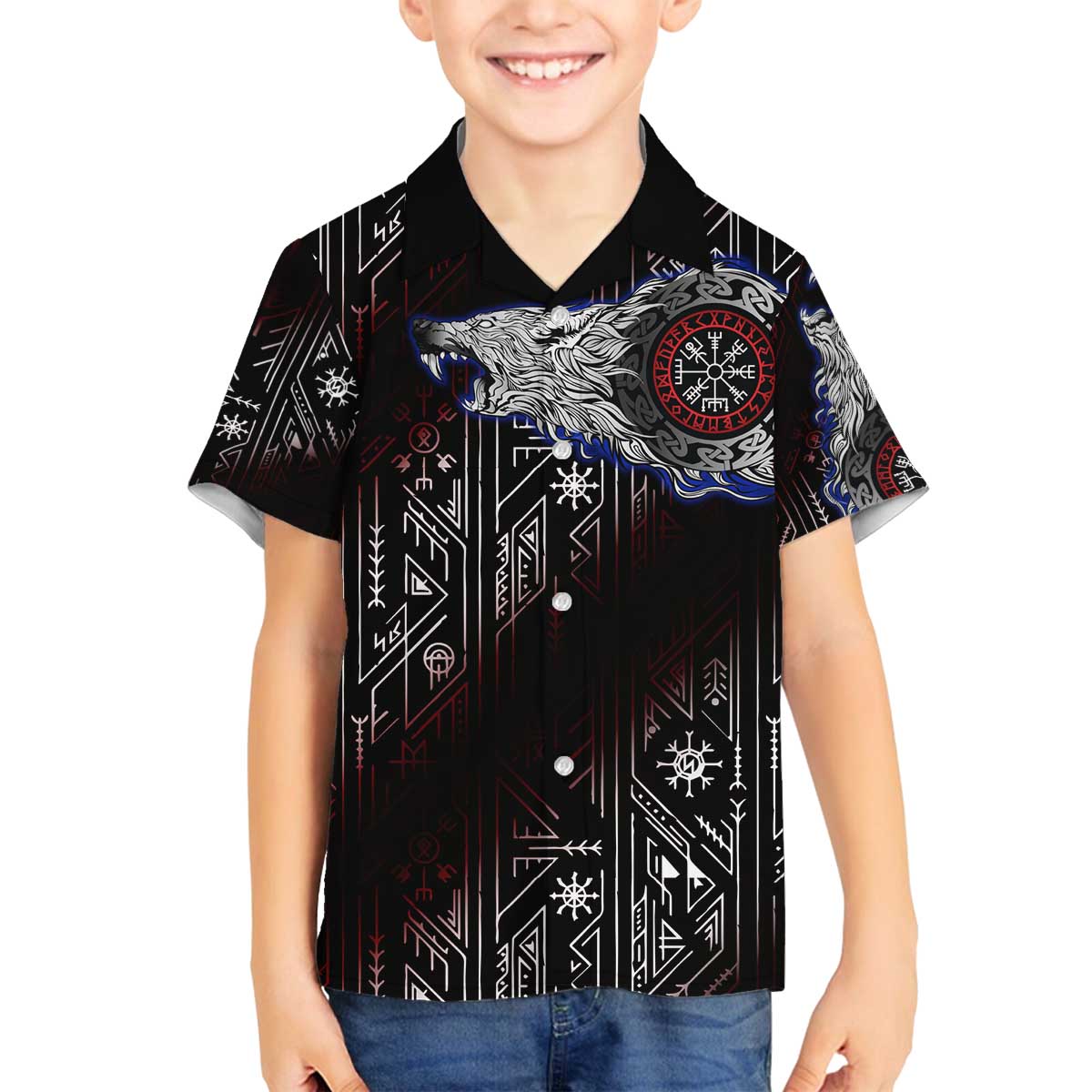 Fenrir Wolf Viking Family Matching Off The Shoulder Long Sleeve Dress and Hawaiian Shirt with Vegvisir Runes and Red Circle Norse Legend Tribute - Wonder Print Shop