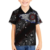 Fenrir Wolf Viking Family Matching Off The Shoulder Long Sleeve Dress and Hawaiian Shirt with Vegvisir Runes and Red Circle Norse Legend Tribute - Wonder Print Shop
