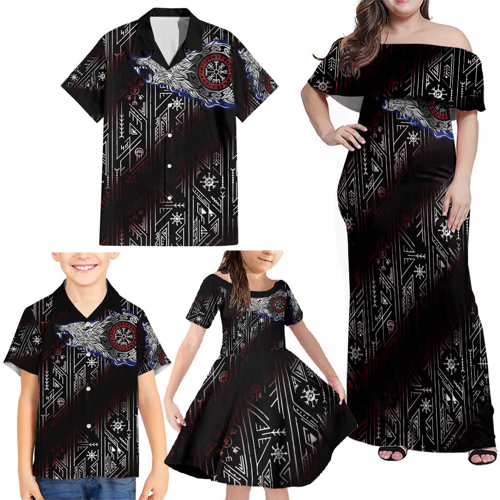 Fenrir Wolf Viking Family Matching Off Shoulder Maxi Dress and Hawaiian Shirt with Vegvisir Runes and Red Circle Norse Legend Tribute - Wonder Print Shop