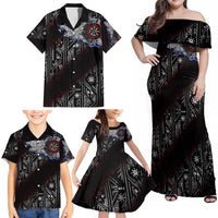 Fenrir Wolf Viking Family Matching Off Shoulder Maxi Dress and Hawaiian Shirt with Vegvisir Runes and Red Circle Norse Legend Tribute - Wonder Print Shop