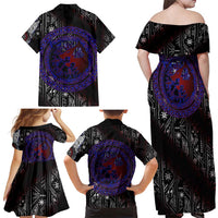 Fenrir Wolf Viking Family Matching Off Shoulder Maxi Dress and Hawaiian Shirt with Vegvisir Runes and Red Circle Norse Legend Tribute - Wonder Print Shop