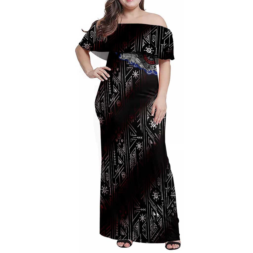 Fenrir Wolf Viking Family Matching Off Shoulder Maxi Dress and Hawaiian Shirt with Vegvisir Runes and Red Circle Norse Legend Tribute - Wonder Print Shop