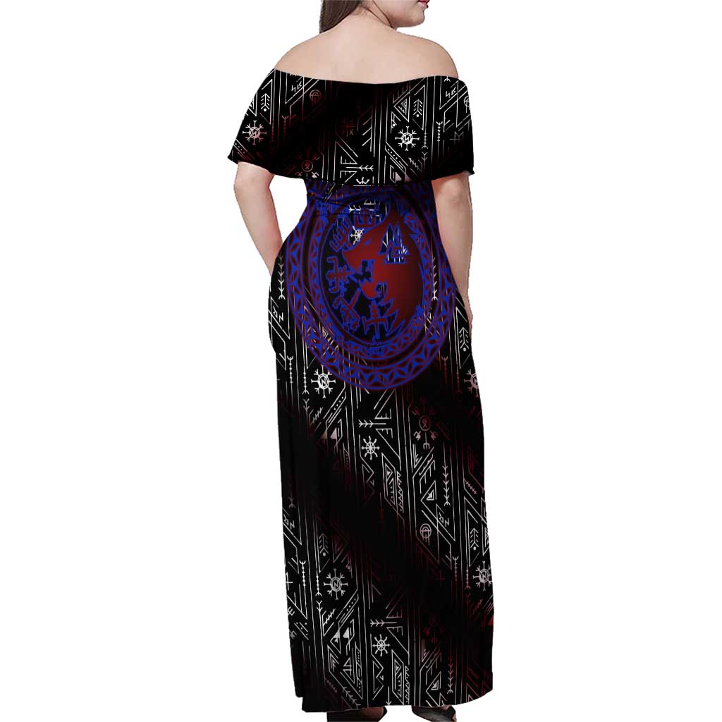 Fenrir Wolf Viking Family Matching Off Shoulder Maxi Dress and Hawaiian Shirt with Vegvisir Runes and Red Circle Norse Legend Tribute - Wonder Print Shop