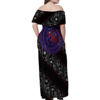 Fenrir Wolf Viking Family Matching Off Shoulder Maxi Dress and Hawaiian Shirt with Vegvisir Runes and Red Circle Norse Legend Tribute - Wonder Print Shop