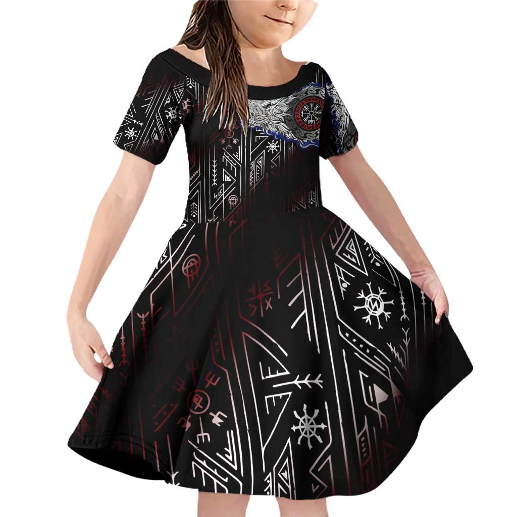 Fenrir Wolf Viking Family Matching Off Shoulder Short Dress and Hawaiian Shirt with Vegvisir Runes and Red Circle Norse Legend Tribute - Wonder Print Shop