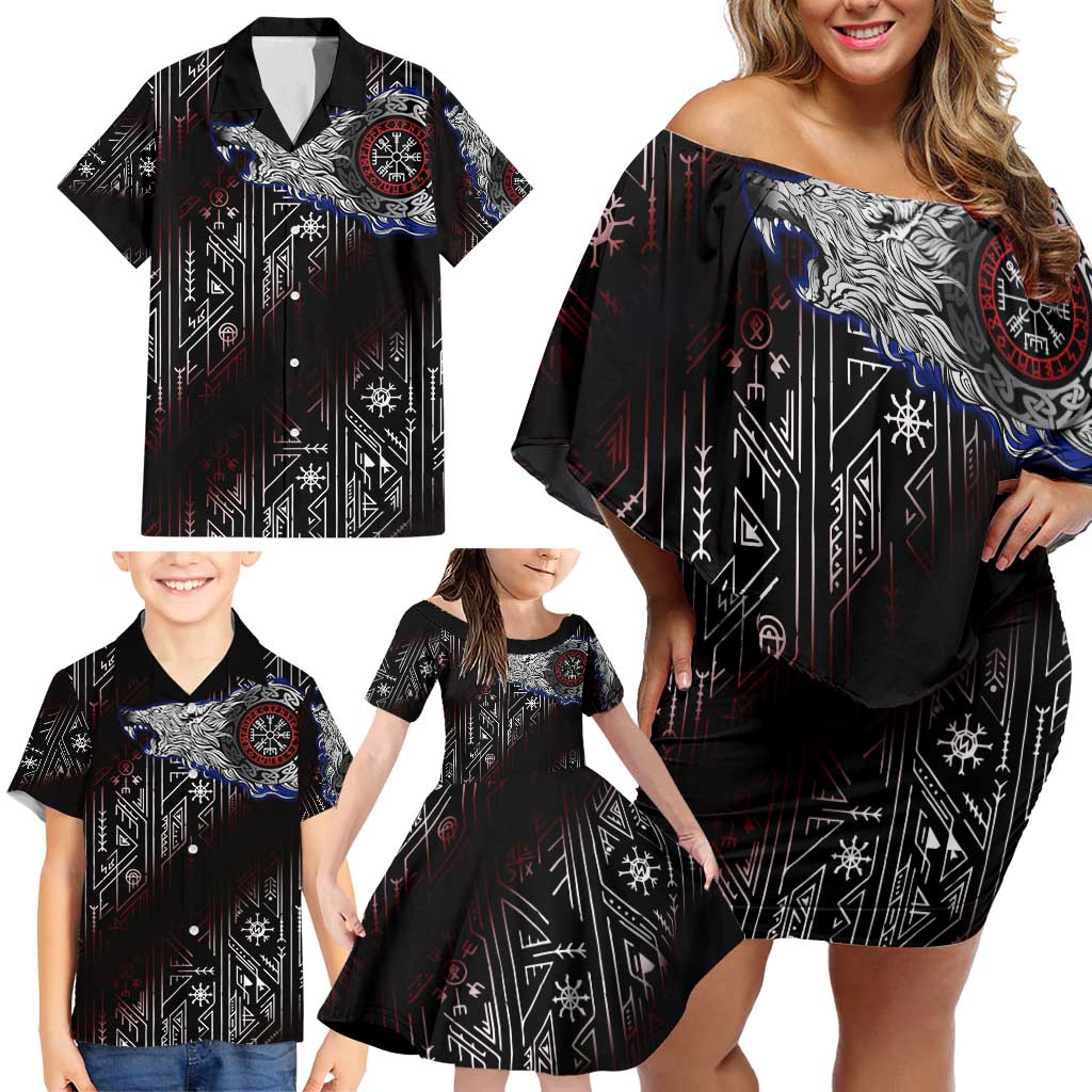 Fenrir Wolf Viking Family Matching Off Shoulder Short Dress and Hawaiian Shirt with Vegvisir Runes and Red Circle Norse Legend Tribute - Wonder Print Shop