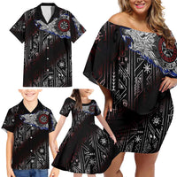 Fenrir Wolf Viking Family Matching Off Shoulder Short Dress and Hawaiian Shirt with Vegvisir Runes and Red Circle Norse Legend Tribute - Wonder Print Shop