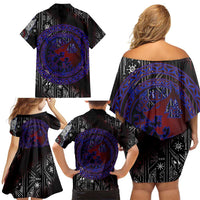 Fenrir Wolf Viking Family Matching Off Shoulder Short Dress and Hawaiian Shirt with Vegvisir Runes and Red Circle Norse Legend Tribute - Wonder Print Shop
