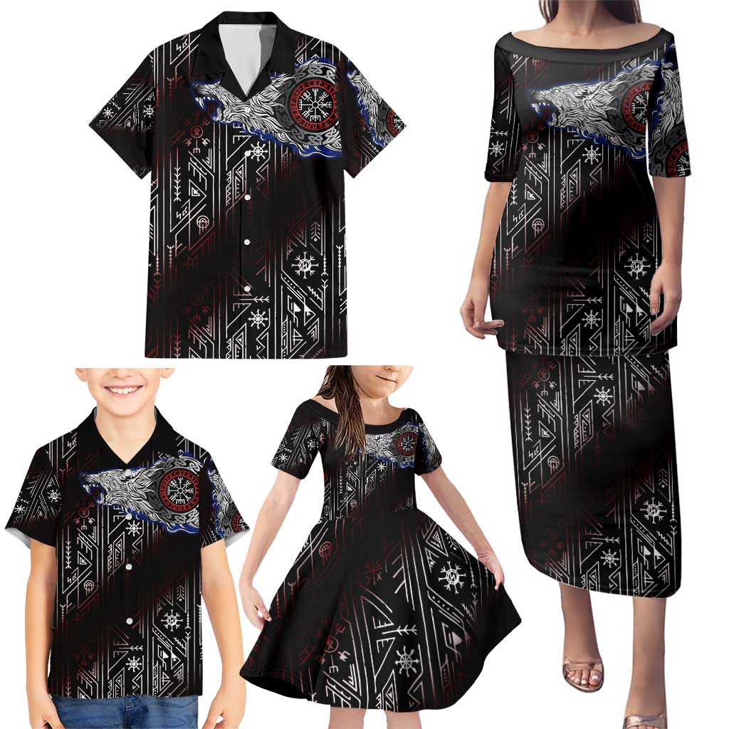 Fenrir Wolf Viking Family Matching Puletasi and Hawaiian Shirt with Vegvisir Runes and Red Circle Norse Legend Tribute - Wonder Print Shop