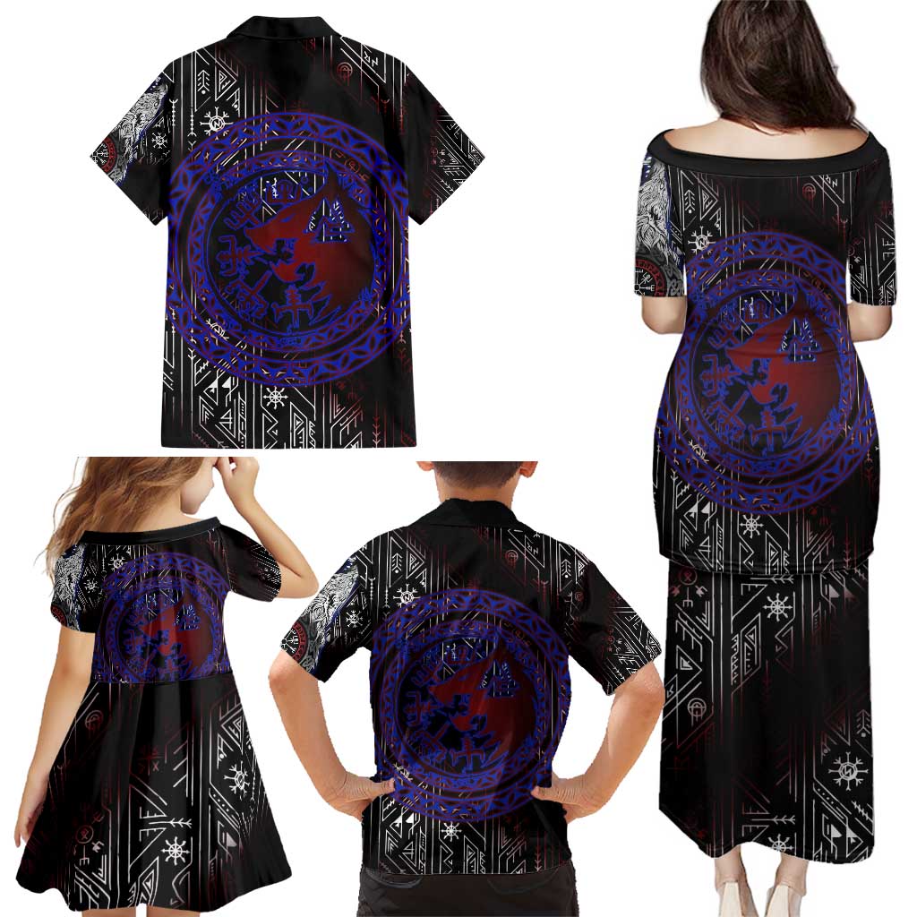 Fenrir Wolf Viking Family Matching Puletasi and Hawaiian Shirt with Vegvisir Runes and Red Circle Norse Legend Tribute - Wonder Print Shop