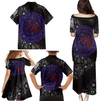 Fenrir Wolf Viking Family Matching Puletasi and Hawaiian Shirt with Vegvisir Runes and Red Circle Norse Legend Tribute - Wonder Print Shop