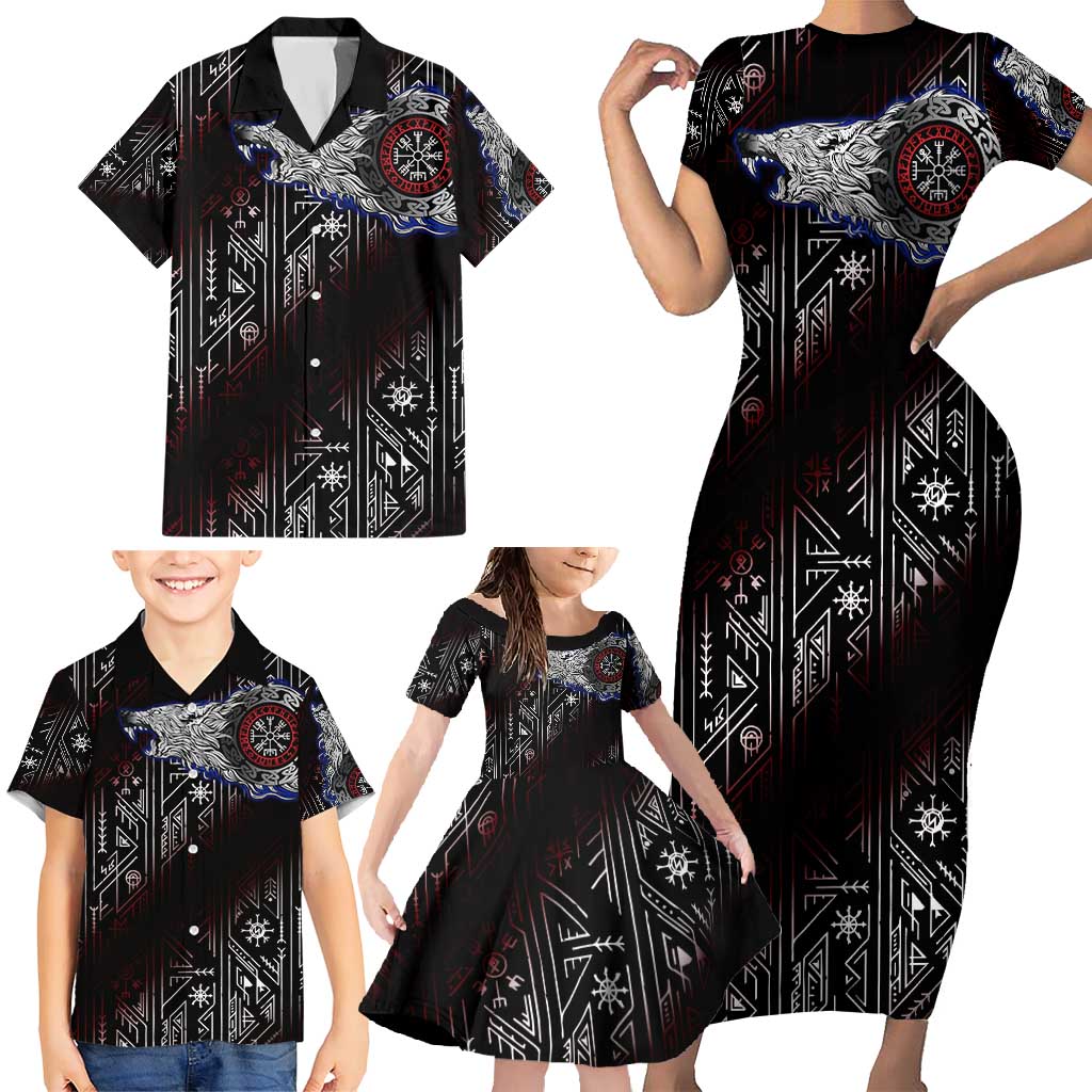 Fenrir Wolf Viking Family Matching Short Sleeve Bodycon Dress and Hawaiian Shirt with Vegvisir Runes and Red Circle Norse Legend Tribute - Wonder Print Shop